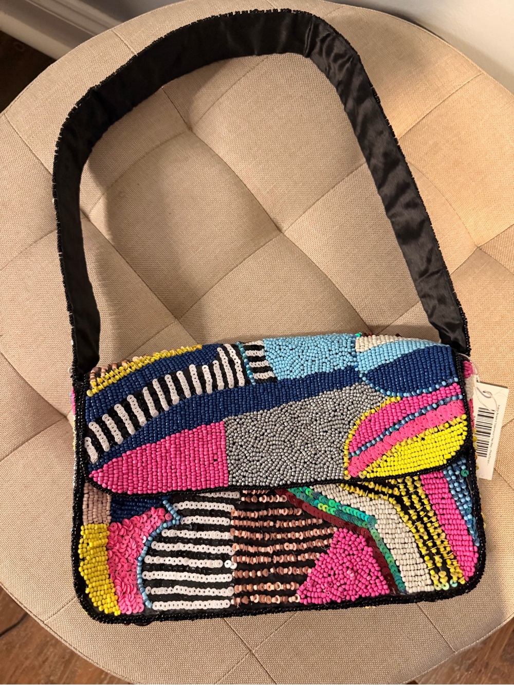 Sassy Jones Vibrant Beaded Shoulder Bag in Pink, Blue, Yellow, Gray & Black